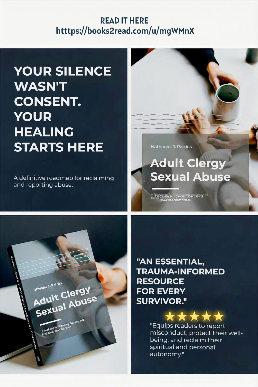 Promotional collage for Adult Clergy Sexual Abuse featuring the book cover and key messaging — Your Silence Wasn't Consent, Your Healing Starts Here